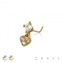 CZ HEART DANGLE CZ 316L SURGICAL STEEL L-SHAPE NOSE RING